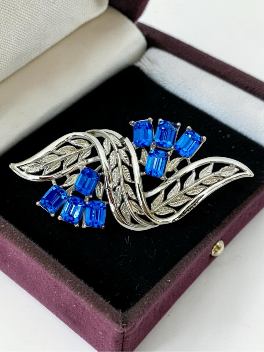 Large Coro Vintage Brooch with Deep Blue Crystal Accents